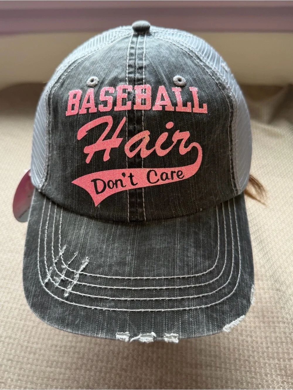 Brand New Handmade Women’s Distressed “Baseball Hair Don’t Care” Trucker Cap Hat
